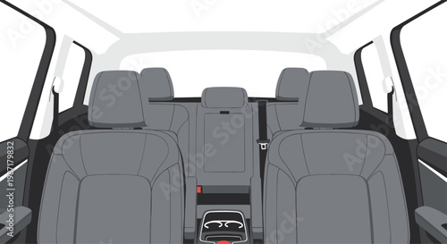 Interior view of a vehicle featuring grey fabric seats, headrests, and a central console from a rear perspective on a plain white background for design.