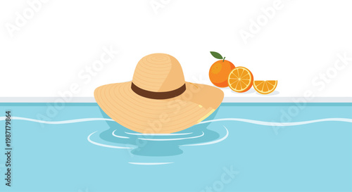 A wide-brimmed straw hat floats gently on the calm turquoise surface of a swimming pool beside fresh vibrant orange slices under bright summer light.