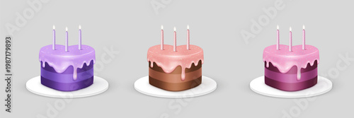 Birthday cake with candle in colorful icing and sprinkles decoration elements for party dessert clip art. Three candle birthday cake with icing and sprinkles on plate placement