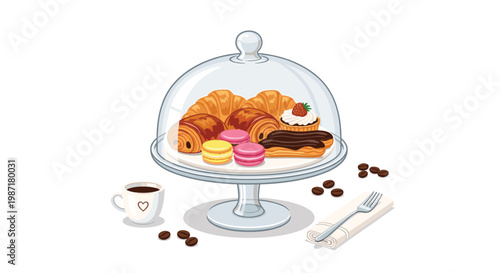 A glass cloche on a pedestal stand covers an assortment of delicious pastries including croissants, eclairs, and macarons beside coffee beans and a cup.