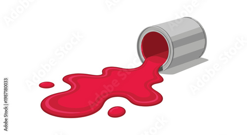 A silver metal bucket lies tipped over on a clean white floor while spilling a thick pool of vibrant magenta paint across the smooth flat surface area.