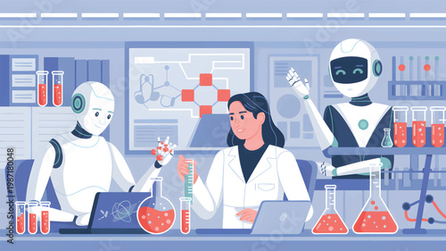 Female scientist and two humanoid robots working together in a laboratory with beakers and laptops 