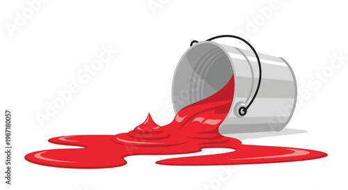 A metallic bucket featuring a black handle pours a viscous stream of bright red paint onto a clean white studio floor creating a bold artistic puddle.