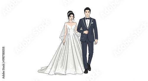 A bride in a white lace wedding dress and a groom in a dark suit walk forward together against a plain white background during their formal ceremony.