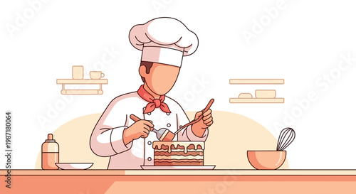 Minimalist Vector Illustration of a Pastry Chef Decorating a Layer Cake in Kitchen