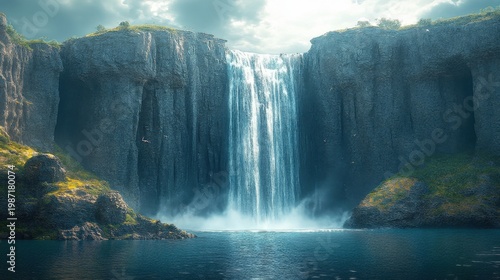 Majestic Waterfall Cascading Down Rugged Cliffs Surrounded by Lush Greenery Under Dramatic Cloudy