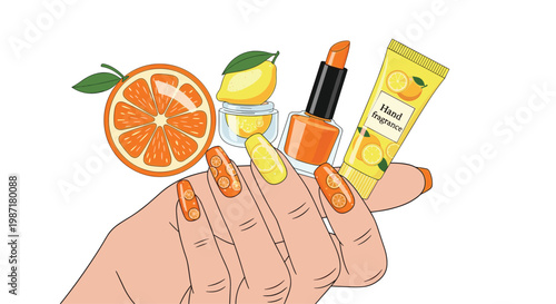 A hand displays manicured nails with orange fruit patterns surrounded by a sliced orange a lemon nail polish and a tube of hand cream on the surface.