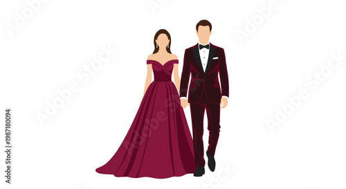 A faceless couple stands hand in hand with the man wearing a dark red velvet tuxedo and the woman in a matching deep red evening gown on display now.