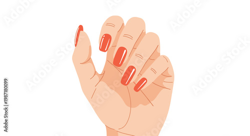 A single hand is raised with fingers splayed showcasing long well manicured nails painted in a vibrant glossy shade of bright orange against the white.