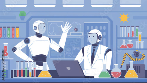 Two robots working in a laboratory with test tubes, beakers, a laptop, and scientific data screens