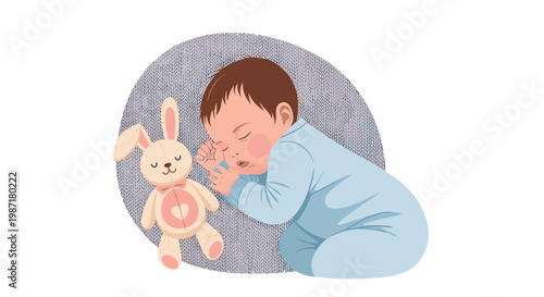 Sleeping baby dressed in a soft blue onesie rests on a textured grey circular mat beside a beige rabbit toy in a cozy and tranquil nursery interior.