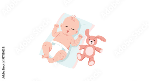 Infant wearing a white diaper sleeps peacefully on a soft blue mat next to a cuddly pink stuffed rabbit toy in a bright and quiet nursery setting.