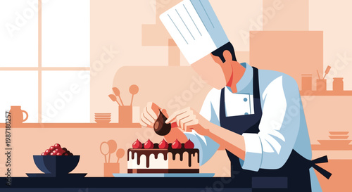 Pastry Chef Decorating Chocolate Cake in Kitchen Illustration in Flat Design Style