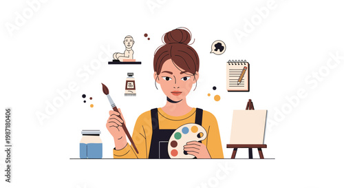 Creative artist sitting at a desk holding a paintbrush and palette surrounded by floating icons of art supplies and a bust in a bright studio environment.