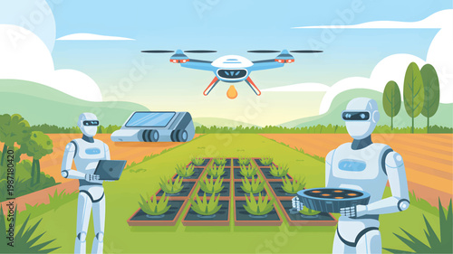 Robots tending to aloe vera plants in a field with a drone and an automated agricultural vehicle
