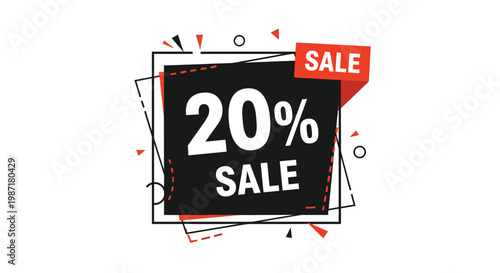 Promotional sale banner displays a twenty percent discount on a black square background with red ribbon accents.