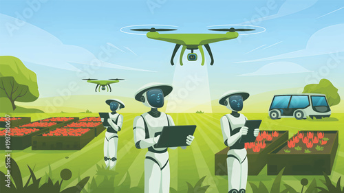 White robots with tablets monitor red crops in a field with green drones and an autonomous vehicle