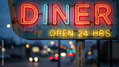 Retro Diner Neon Sign Open 24 Hours at Dusk.