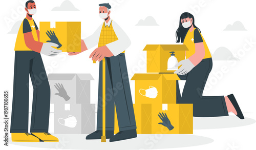 Volunteers distributing medical supplies and protective equipment to elderly people during a health crisis