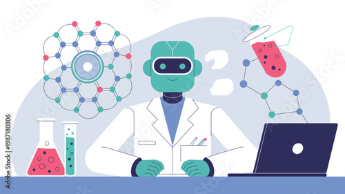 Green robot scientist in a lab coat with chemistry flasks, a laptop, and molecular structure diagrams