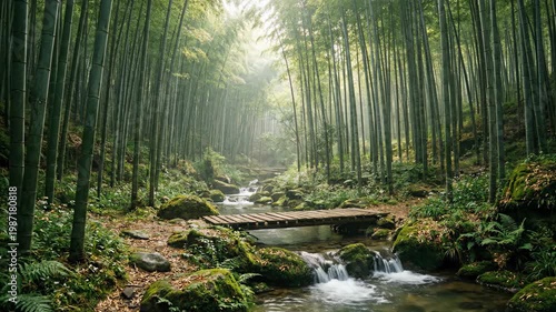 Serene Bamboo Forest with a Gentle Stream and Wooden Bridge.