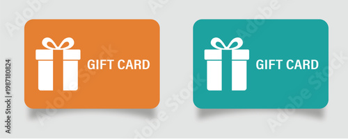 Colorful gift card icons with white gift boxes and ribbons on orange and green backgrounds