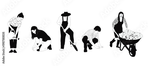 Architectural people/ character in elevation view - people and children gardening - 2D- Stylish and fashionable people- black and white