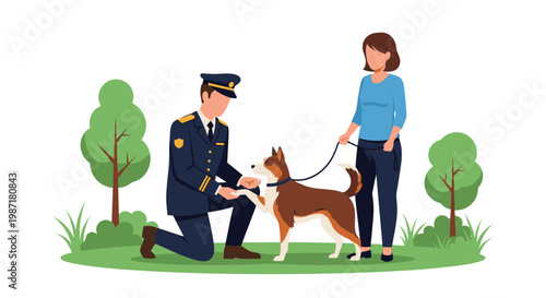 Uniformed officer kneeling on lush green grass shaking paw of energetic brown dog while woman holds leash in bright outdoor park with soft natural light.