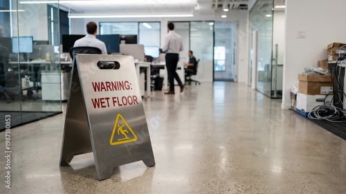 Warning Wet Floor Sign in Modern Office Hallway with People Walking.