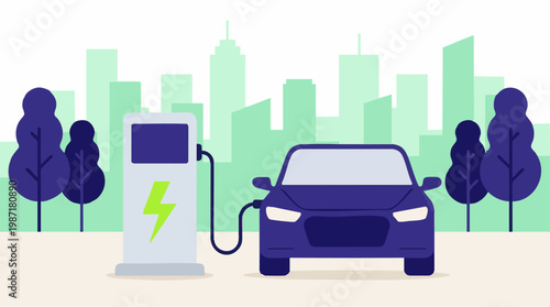 Electric car charging in a city, sustainable urban transport technology