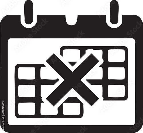 Cancel calendar, event delete icon, cross out date, schedule removal, black vector symbol