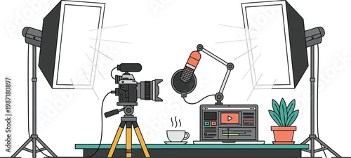 Content Creation Studio Setup: Camera, Microphone, Laptop, and Lighting
