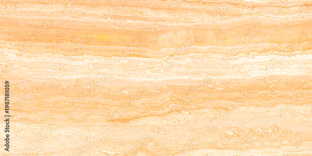 Fototapeta premium Natural travertine stone texture with horizontal orange and beige waves for architectural surfaces.