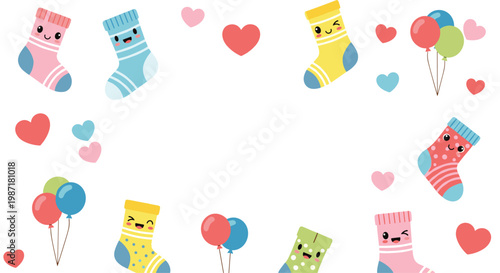 Cute anthropomorphic socks with smiling faces are arranged around a central empty space, decorated with floating hearts and colorful balloons everywhere.
