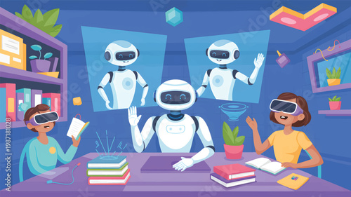 Two children wearing VR headsets are sitting at a desk with a white robot in a blue classroom setting