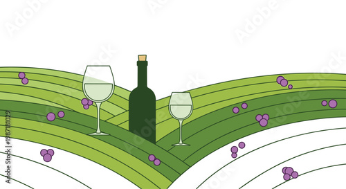 A wine bottle and two crystal glasses are positioned amidst rolling green hills, with scattered purple grapes dotting the serene, minimalist landscape.