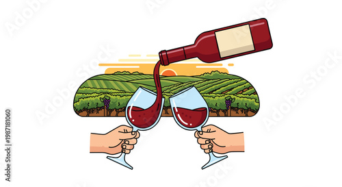 Two hands clink wine glasses together while red wine is poured from a bottle, set against a beautiful sunset vineyard background in a vibrant style.