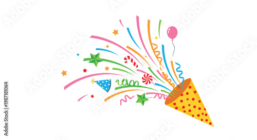 A cheerful yellow party popper cone erupts with a festive display of colorful streamers and sweet candy treats against a pristine and minimalist white background.