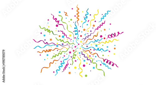A festive explosion of vibrant multicolored streamers and sparkling confetti radiates outwards from the center against a pristine and minimalist white background.