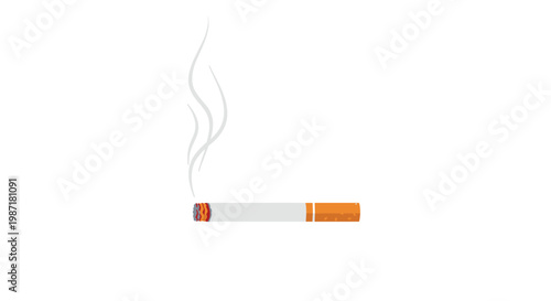 A single cigarette with a brown filter emits a long and elegant swirling trail of grey smoke against a pristine and minimalist white studio background setting.