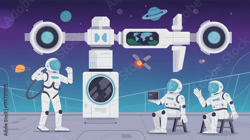 Astronauts working on a space station platform with a satellite, planets, and stars