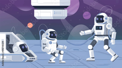 Two astronauts in white space suits on a lunar base with a space vehicle, purple galaxy background