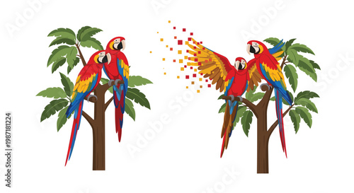 Vibrant scarlet macaws perched on rustic tree branches with one bird exhibiting a unique digital pixelation effect on its colorful feathered wing area.