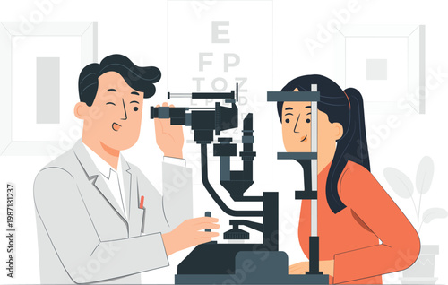 Ophthalmologist examining patient eyes with slit lamp in clinic