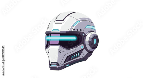Futuristic white tactical helmet featuring a glowing cyan visor and intricate mechanical paneling designed for advanced science fiction character concepts.