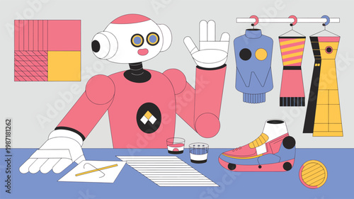 Robot fashion designer waving hand at desk with clothing hanging garments, and a sneaker android 