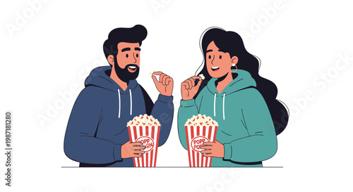 Young man and woman wearing casual hoodies enjoying popcorn from classic red and white striped buckets while looking towards the right side of frame.