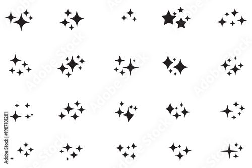 Sparkle star vector icons set. Star icons vector set. Shine or sparkle vector set of ten various stars in yellow color on white background. Vector illustration.