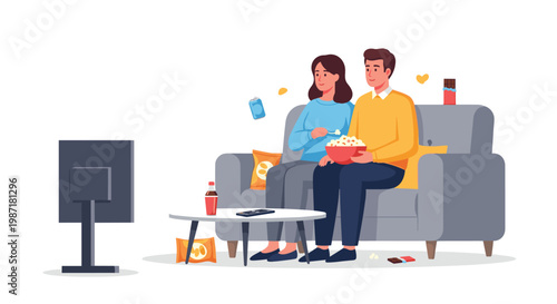 Young couple enjoys watching a movie together on a comfortable grey sofa with popcorn and snacks in a bright, modern living room with soft ambient lighting.