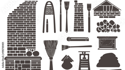 Black and white illustration of various sauna elements, like bricks and tools